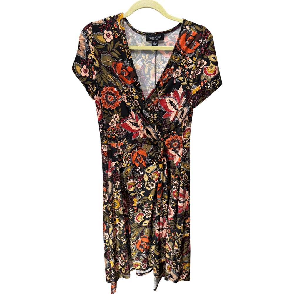 Perceptions Dress Women Large Black Floral Faux Wrap Midi Side Knot Earthy‎